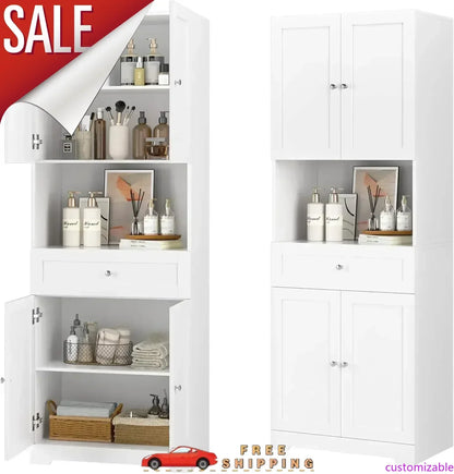 67.5 Tall 4-Door 1-Drawer Kitchen Pantry Cabinet with Open Countertop & Adjustable Shelves for Dining & Living Rooms (White)