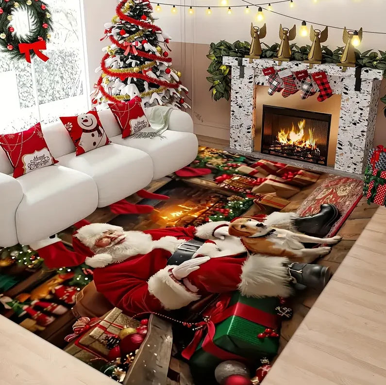 Christmas House Snowflake Area Mat, Red with Gold and White Snowflakes.