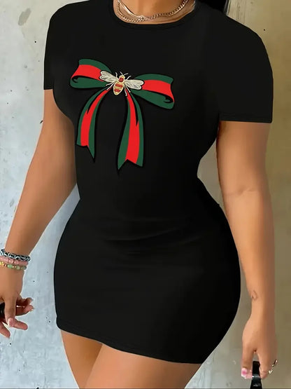 Summer women bee bow pattern, printed casual slim fit short sleeved, round neck T-shirt mini dress.