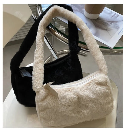 Simple Design Women's Soft Plush Hobo Shoulder Bag | Winter Furry Ladies Clutch Purse & Handbag (Fashion Female Underarm Bag)