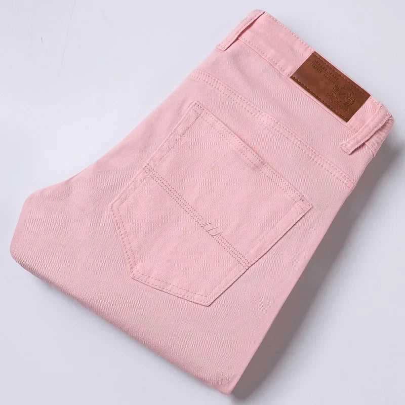 Men's White Jeans Straight Elastic Cotton Denim Pants