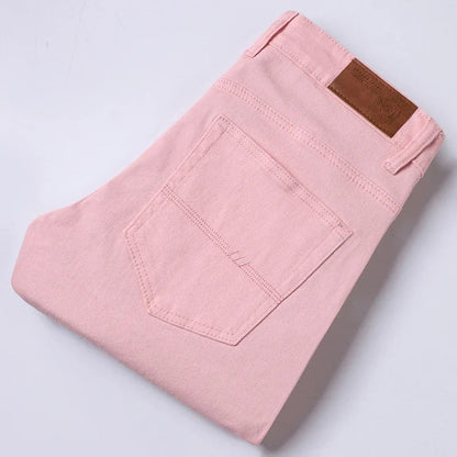 Men's White Jeans Straight Elastic Cotton Denim Pants