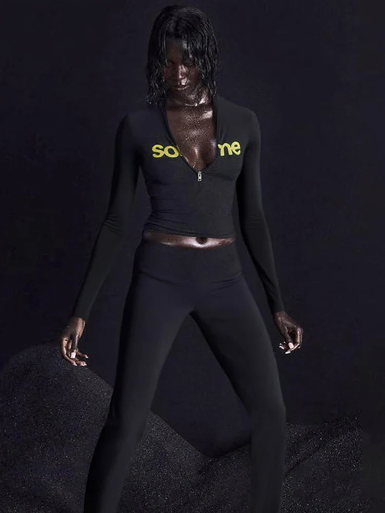 Casual Sporty Women 2 Piece Set, Fashion Basic Letter Print, Zip-up Full Sleeve Tops+ Pants Female Tracksuits.