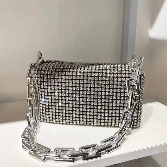 Allover Rhinestone Bucket Bag | Glitter Chain Prom Purse & Women's Mini Crossbody Bag (Sparkling Evening Handbag)