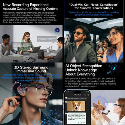AI Smart Glasses 8 Million Pixels, Recording Videos, Photo Recognition, Answer, Translation, 290mAh IP66 Waterproof Bluetooth Glasses.