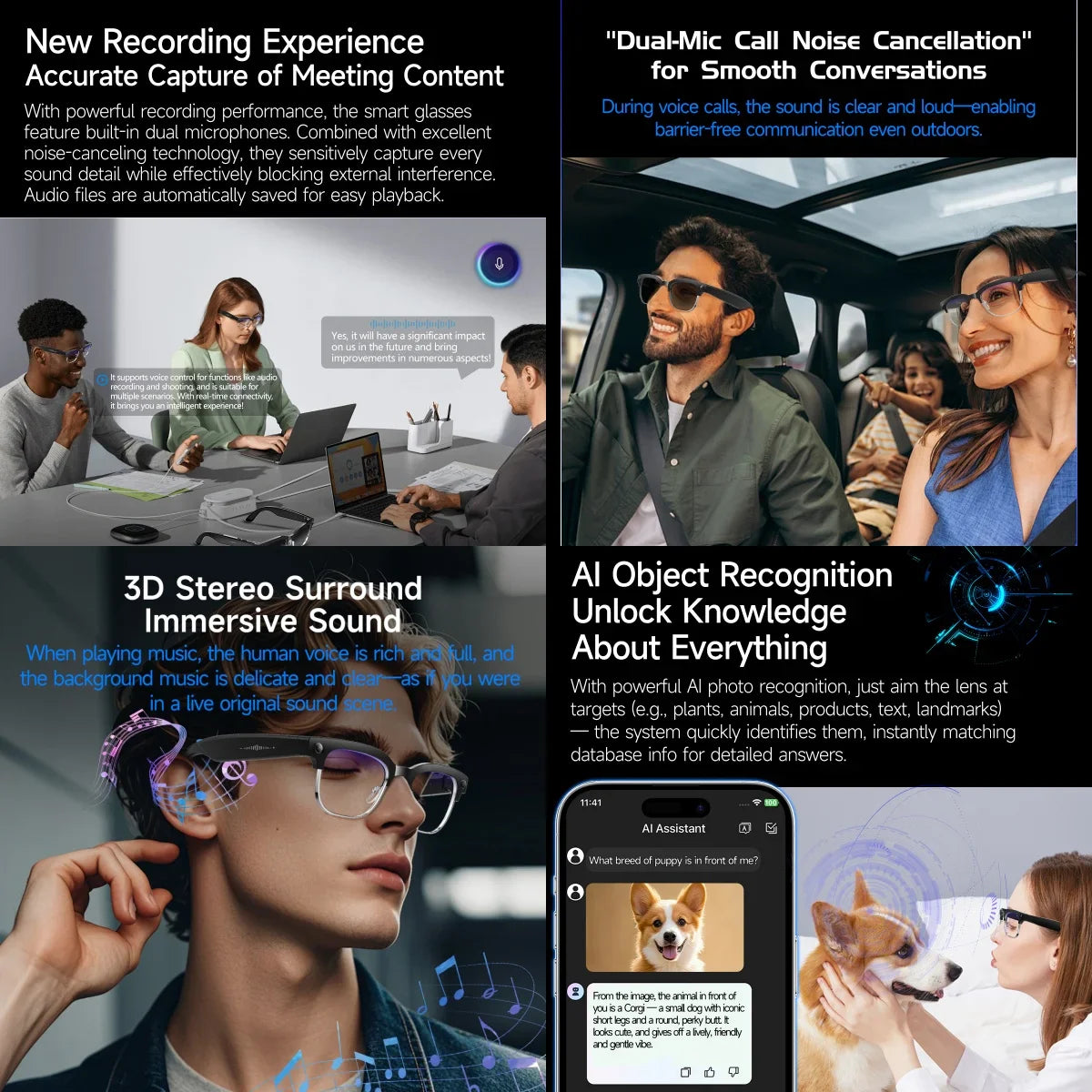 AI Smart Glasses 8MP Bluetooth, Waterproof ,IP66 with Video Recording, Photo Recognition, Translation, 290mAh Glasses for Everyday Use.