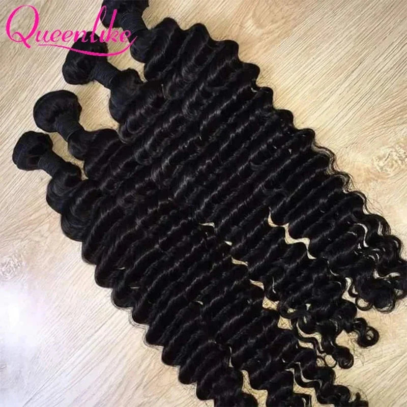 Queenlike Deep Wave Human Hair Bundles, 24 26 28 inch Deep Curly Bundles 100% Human Hair for Women, Brazilian Raw Hair Extensions.