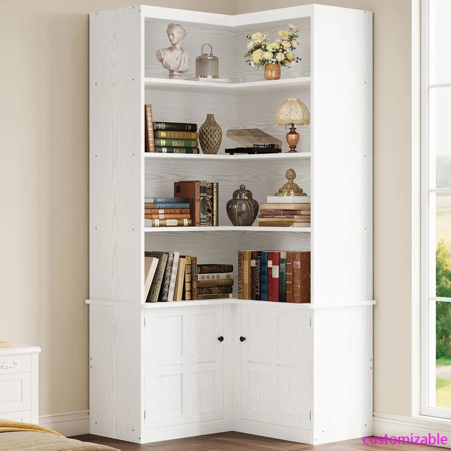 Corner Bookshelf with Doors, 6 Tier Bookcase with Storage, Corner Shelf with Cabinet, Large Bookshelf for Living Room.