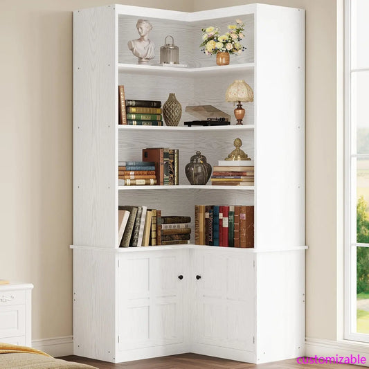 Corner Bookshelf with Doors, 6 Tier Bookcase with Storage, Corner Shelf with Cabinet, Large Bookshelf for Living Room.
