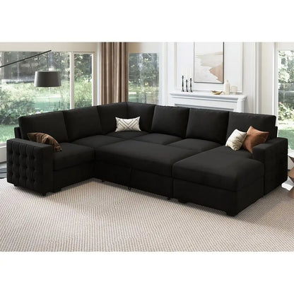 6-Seater U-Shaped Sectional Sofa with Pull-Out Bed and Storage Chaise in Velvet Black.
