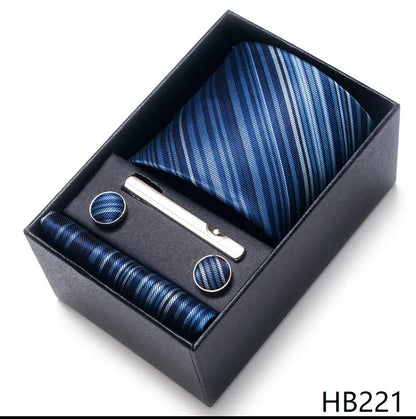 8 cm Wide Tie Sets Blue Solid Men's Neck Tie Handkerchief Cufflinks Clip Gift Silk Handmade