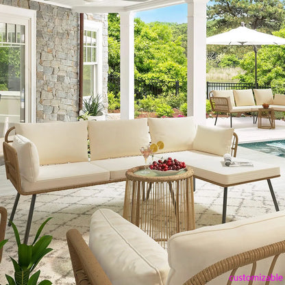 3 Pieces Patio Furniture Set, Outdoor Wicker Conversation Sectional L-Shaped Sofa with 4 Seater.