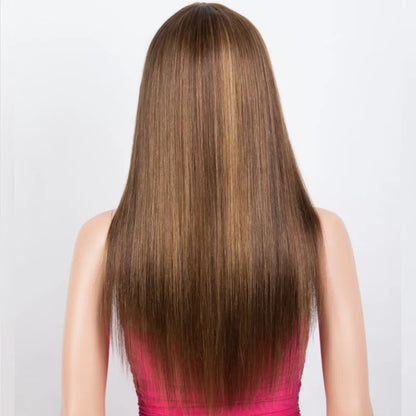 Blonde Highlight Straight Wig with Bangs | 180% Density Glueless Full Machine Made Brazilian Ombre Human Hair