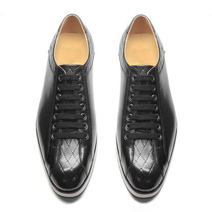 Europe 2024 Fall Luxury Men's Genuine Leather Plaid Casual Shoes | Black & Dark Brown Business Sneakers (Height Increasing)