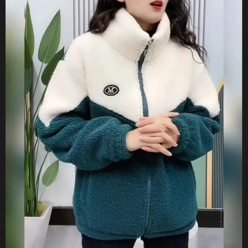 Women Jacket Thickened Lamb, Fleece Long Sleeve Mid Length Overcoat.