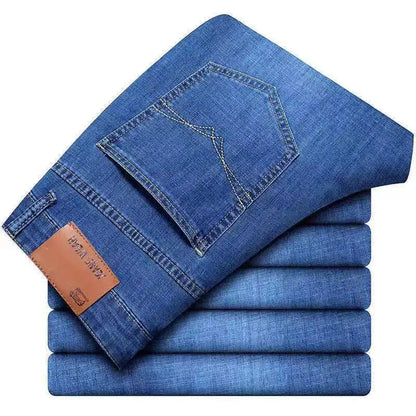 New Business Men Jeans, Casual Straight Stretch Fashion, Classic Blue, Black Work Denim Trousers.