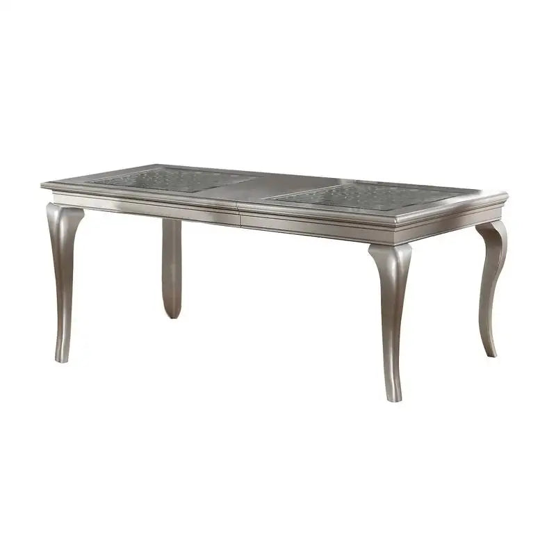 7pc Rect. Glass Dining Table Set w/ Silver Hue & 6 Tufted Side Chairs for Dining Room