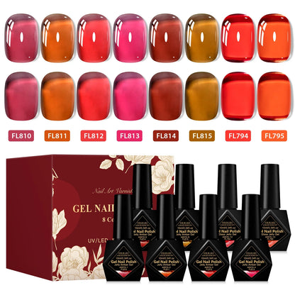 8pcs 10ml Jelly Glass Gel Nail Polish Set, Semi-transparent Red ,Purple Gel Polish Varnish, Nail Art Semi Permanent UV Gel Varnish.