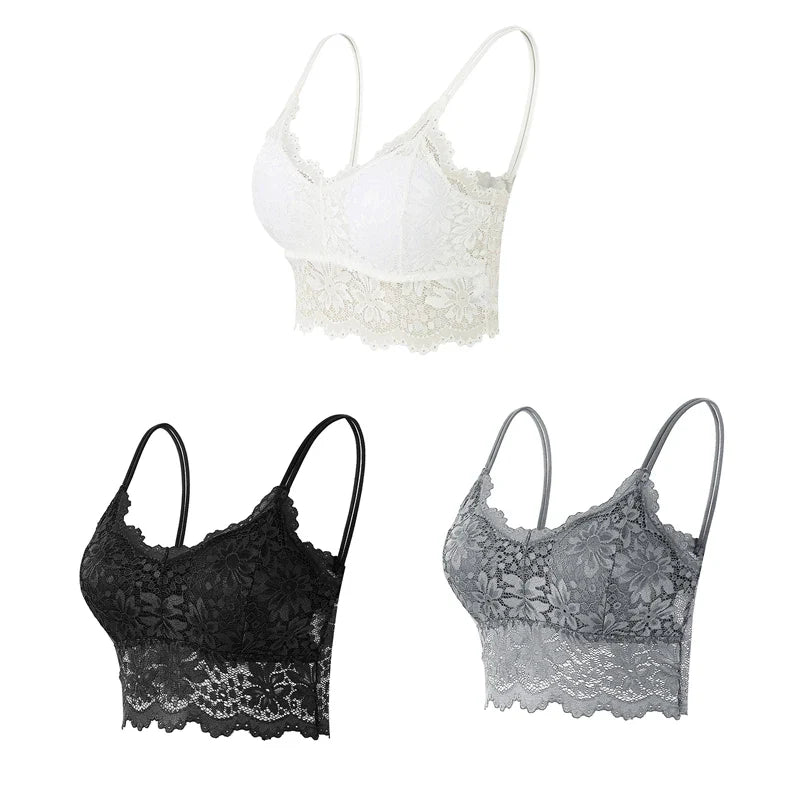 3PCS Women's Lace Top Comfortable Bralette, Solid Color Underwear Vest.