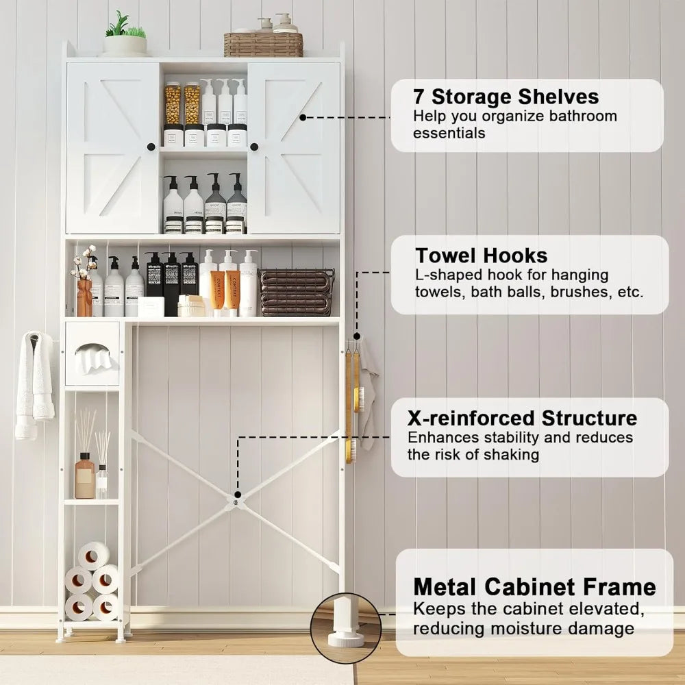 32"W Over The Toilet Storage Cabinet, with Metal Frame and 7 Storage Shelves.