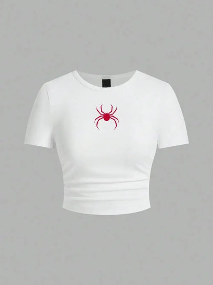 Simple Red Spider Printing Crop Tops Summer Women's ,Slim-fit T-Shirt Female Clothes.