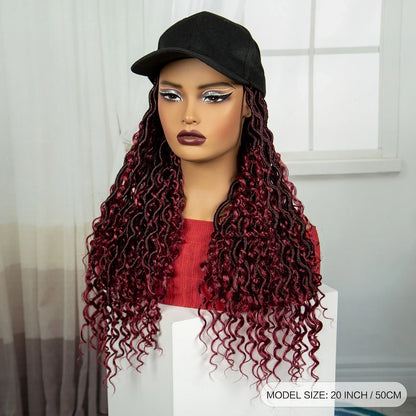 Burgundy Braided Hat Wig with Curly Ends | Knotless Braids | Adjustable Cap