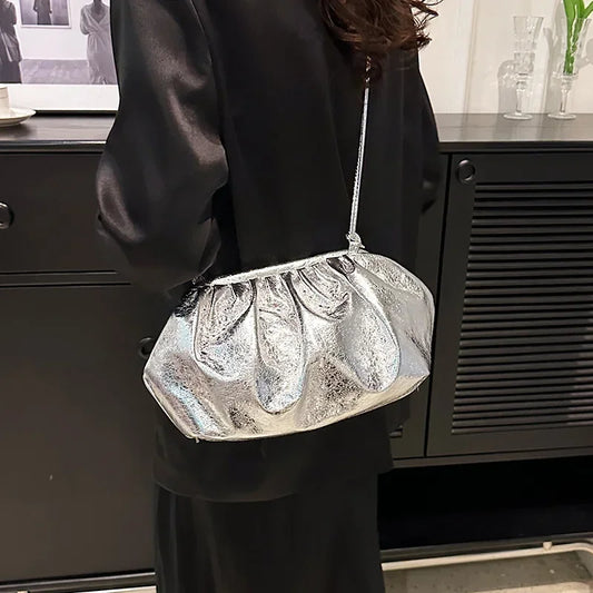 Small Luxury Design Women's Leather Silver Cloud Bag | Gold Crossbody & Ladies Party Clutch Purse (Sequined, Ruched Handbag)