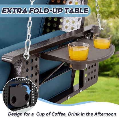Brown Seagrass Rattan 3 Seat Porch Swing Blue Cushions Cup Holders Chains Deck Garden Backyard