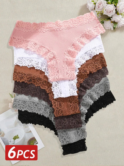 6PCS/Set Women Sexy Lace Brazilian Panties, Low-Waist Elastic Underwear S-XL.
