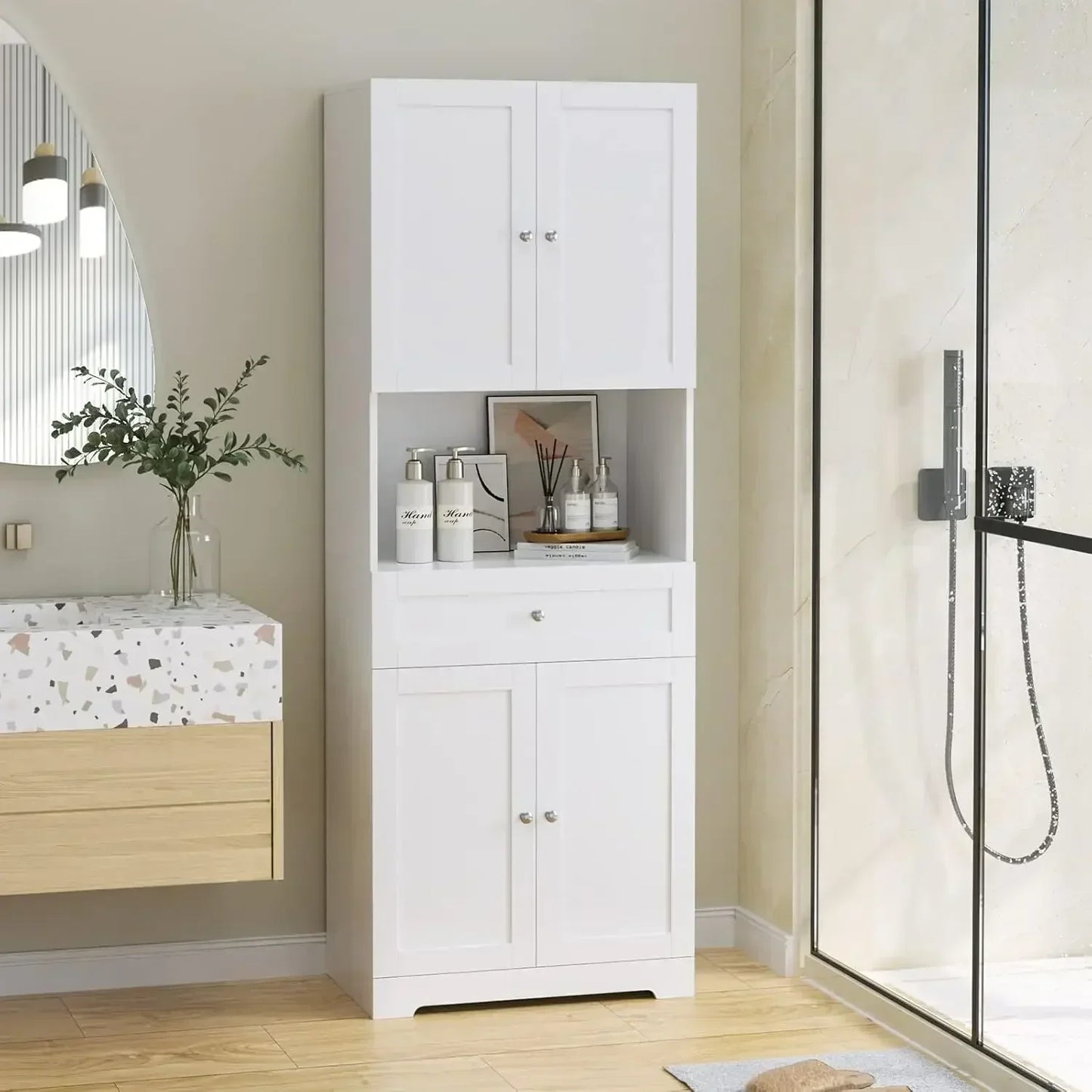 67.5 Tall 4-Door 1-Drawer Kitchen Pantry Cabinet with Open Countertop & Adjustable Shelves for Dining & Living Rooms (White)