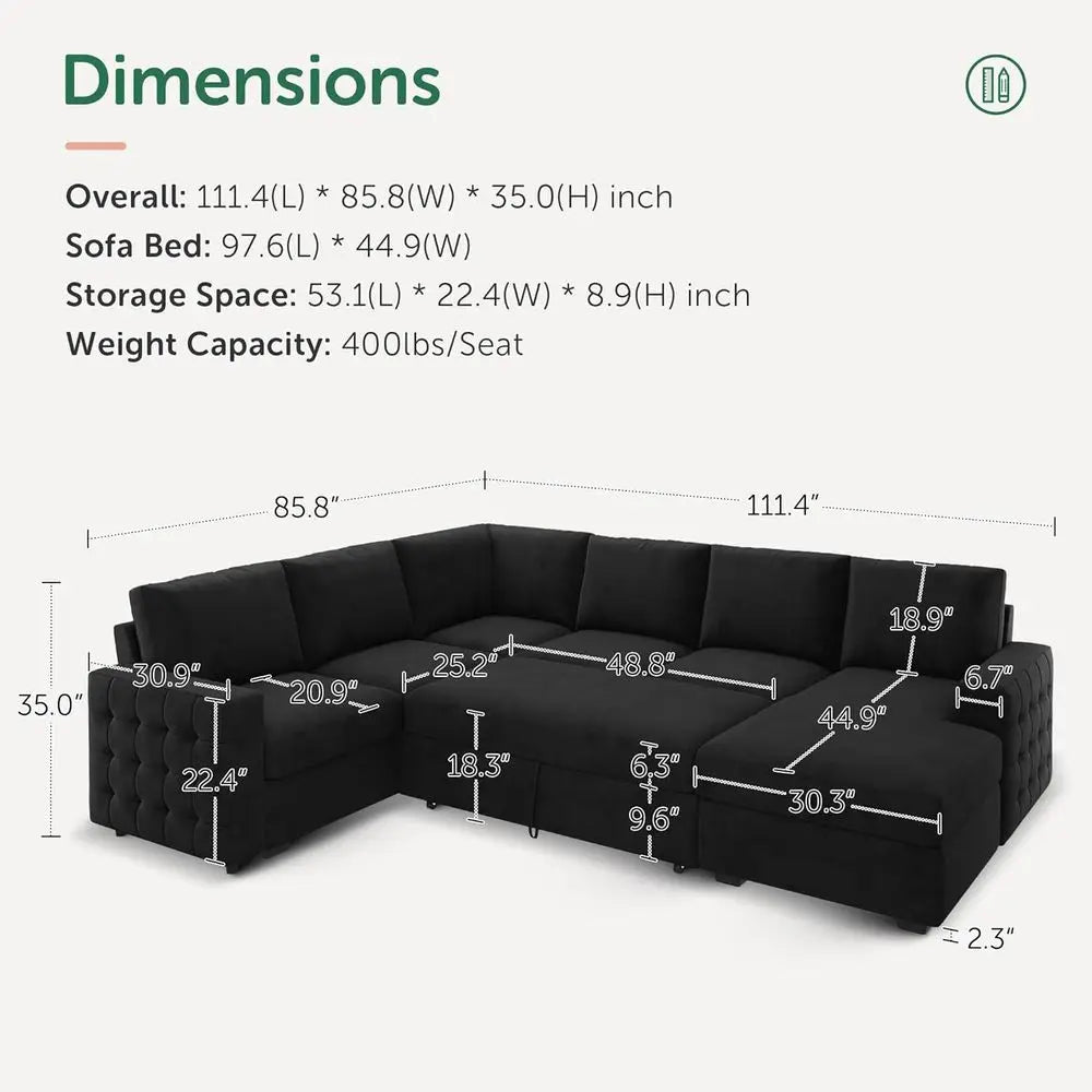 6-Seater U-Shaped Sectional Sofa with Pull-Out Bed and Storage Chaise in Velvet Black.
