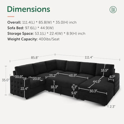 6-Seater U-Shaped Sectional Sofa with Pull-Out Bed and Storage Chaise in Velvet Black.