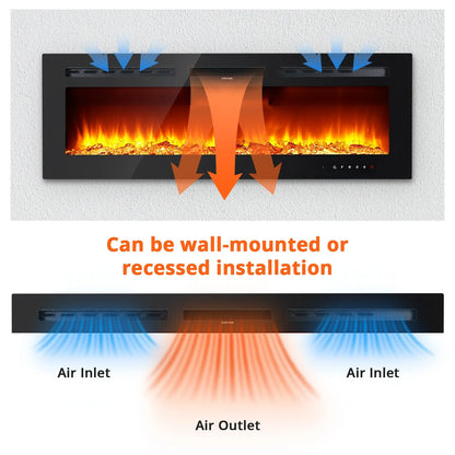 60" Electric Fireplace, 3.85" Ultra-Thin Recessed & Wall Mounted  12 LED Flame Colors