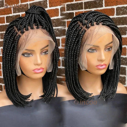 10" Short Bob Box Braided Wig | 360 Full Lace | Cornrow Accents | Synthetic Braids for Black Women