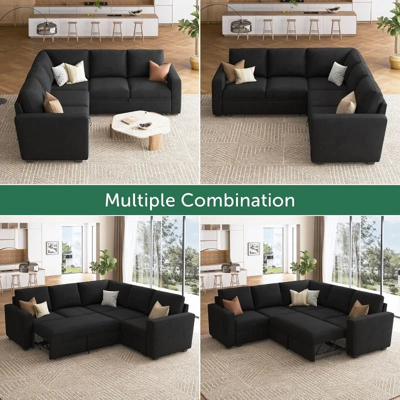 Velvet Sleeper Sectional with Storage, L-Shaped Pull Out Bed Black, Modular Design.