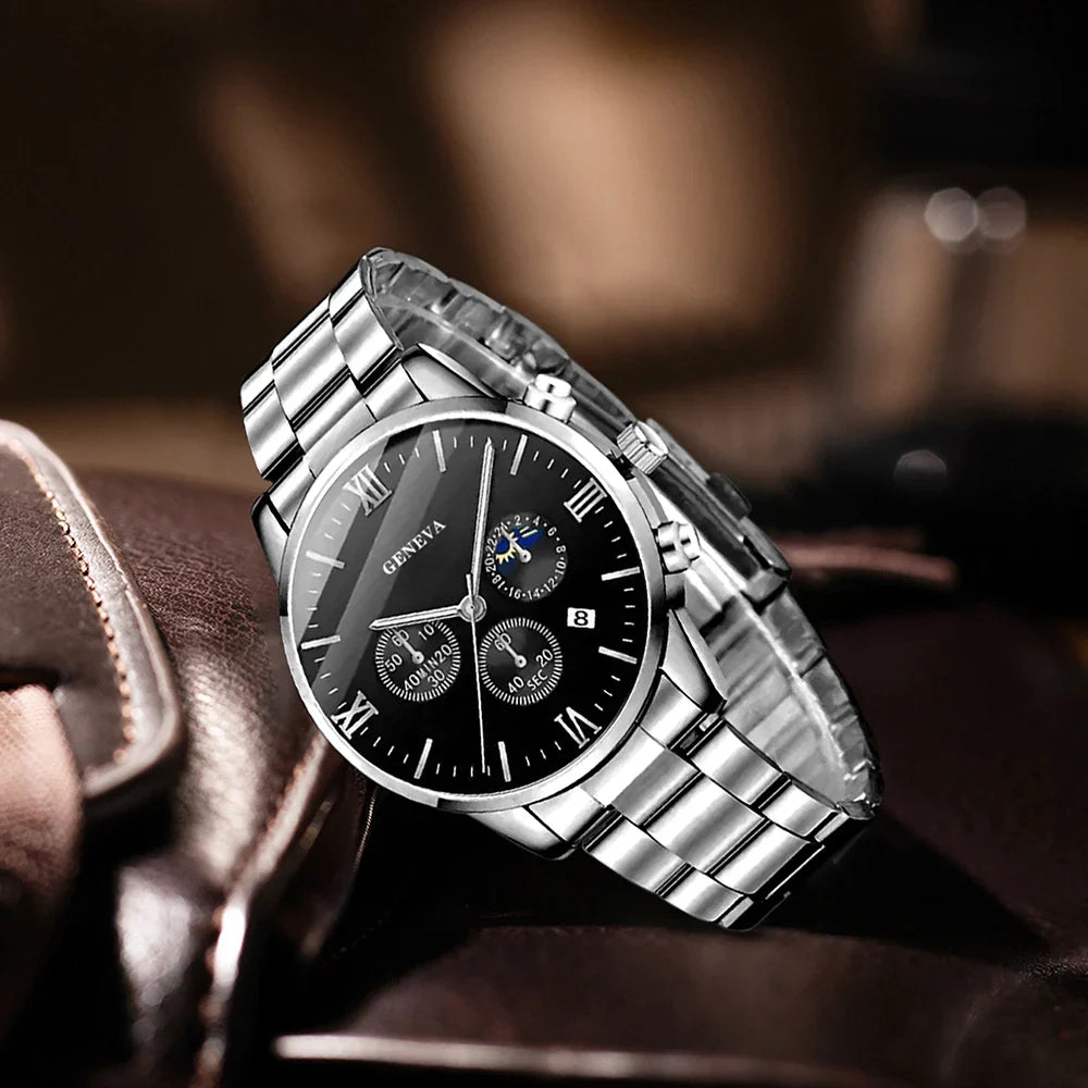 4PCS Men's Watch Set Quartz, Cross Pendant Necklace, Ring, Bracelet Set Perfect Gift for Him!!