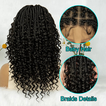 Short Bohemian Box Braids Wig | Full Lace | Curly Ends | Baby Hair | Synthetic Boho Wig
