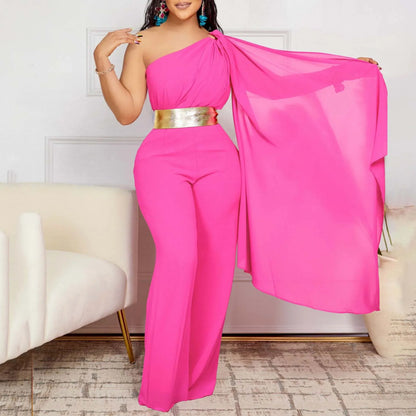 Elegant Jumpsuits & Rompers for Woman, One Shoulder Flying Sleeve High Waisted Luxury Dinner Outfits.