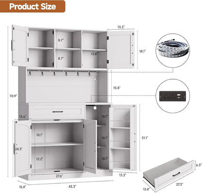 71" Kitchen Pantry Cabinet w/ LED Light & Outlet - Hutch w/Microwave Shelf, 6 Hooks, Door Storage, Drawer & Shelves.