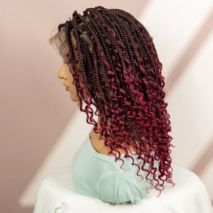 99J Burgundy Knotless Box Braids Wig with Curly Ends | Full Lace