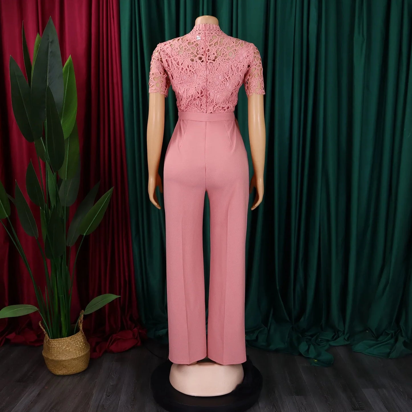 Elegant Jumpsuits & Rompers for Women, O Neck Lace Patchwork Short Sleeve Sashes High Waisted.