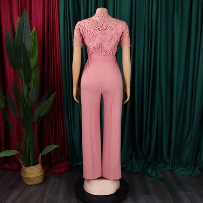 Elegant Jumpsuits & Rompers for Women, O Neck Lace Patchwork Short Sleeve Sashes High Waisted.