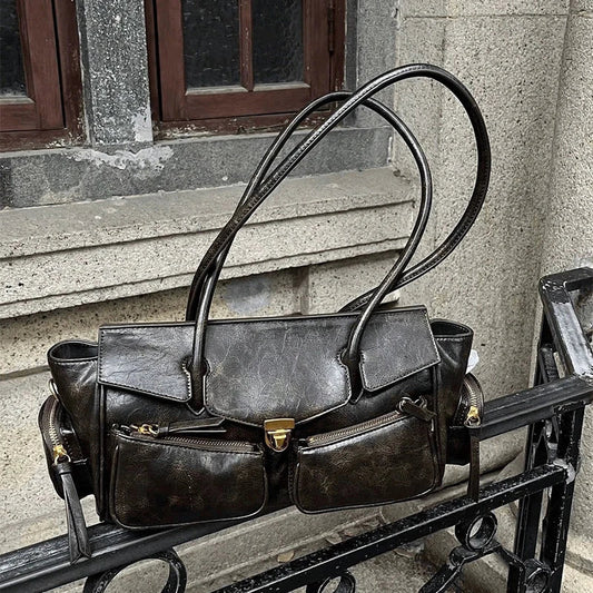Vintage Underarm Bag for Women | Soft Split Leather Multi-Pocket Shoulder Handbag (Luxury Designer, Half Moon Shape)