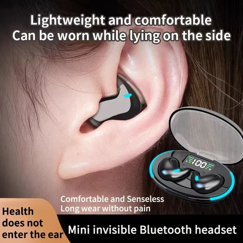 X55 Mini Earphone Stereo Hidden Headsets, with Mic HD Call Waterproof Sleeping Earbuds.