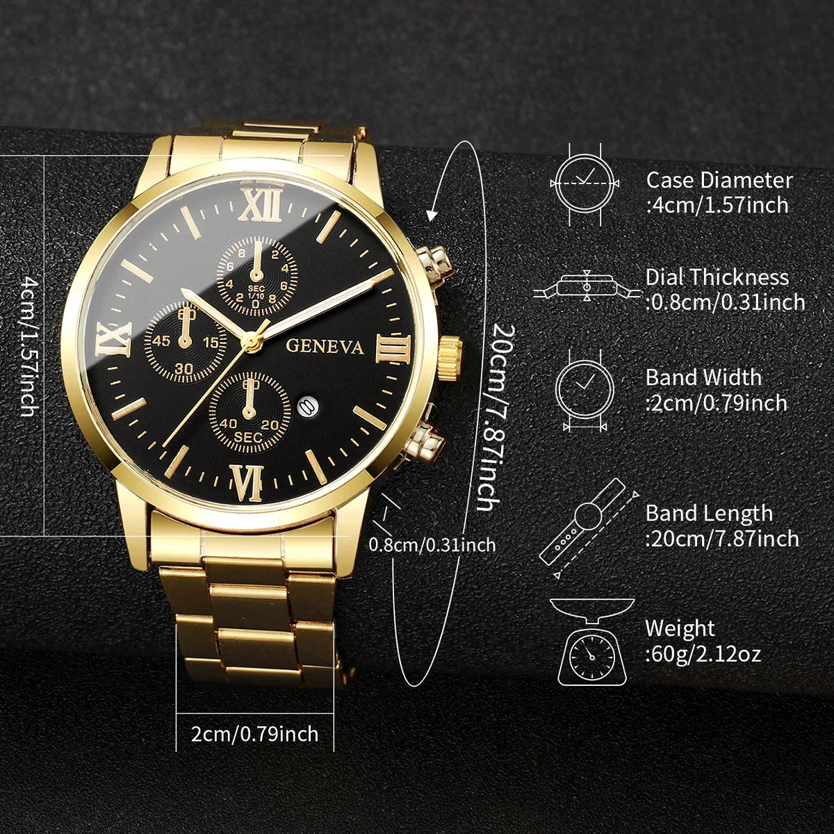4pcs/set Men's Watch Bracelet Necklace Ring Set   (No Box)