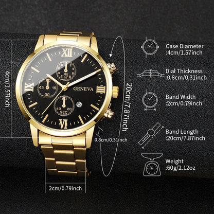 4pcs/set Men's Watch Bracelet Necklace Ring Set   (No Box)