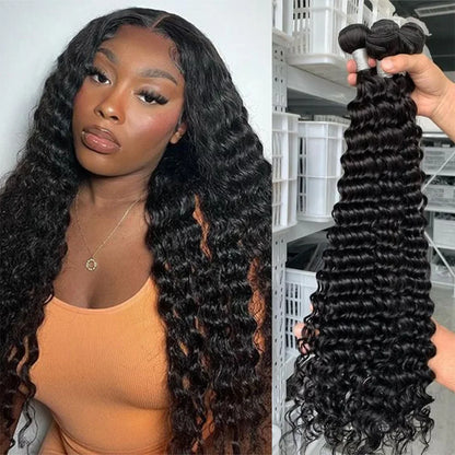 Queenlike Deep Wave Human Hair Bundles, 24 26 28 inch Deep Curly Bundles 100% Human Hair for Women, Brazilian Raw Hair Extensions.
