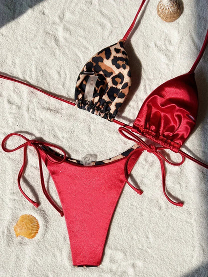 Halter Splicing Leopard Bikinis 2026 Satin Bikini Female Swimsuit Women Swimwear.