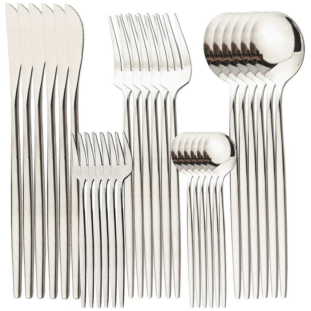 30Pcs Cutlery Set, Stainless Steel Dinnerware Set ,Western Flatware Knife ,Fork ,Tea Spoon Mirror Tableware Kitchen Set.