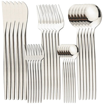 30Pcs Cutlery Set, Stainless Steel Dinnerware Set ,Western Flatware Knife ,Fork ,Tea Spoon Mirror Tableware Kitchen Set.